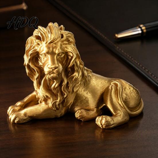 Compact Animal Statue Golden Lying Lion Resin Figurine, 3D Printed Recumbent Statue, Sculpture for Office Desk Bookshelf Wine Cabinet Tabletop