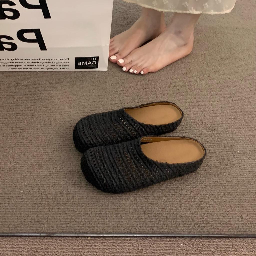 Woven bag head slippers women's summer wear beach soft bottom lazy high value flat bottom Muller cool slippers