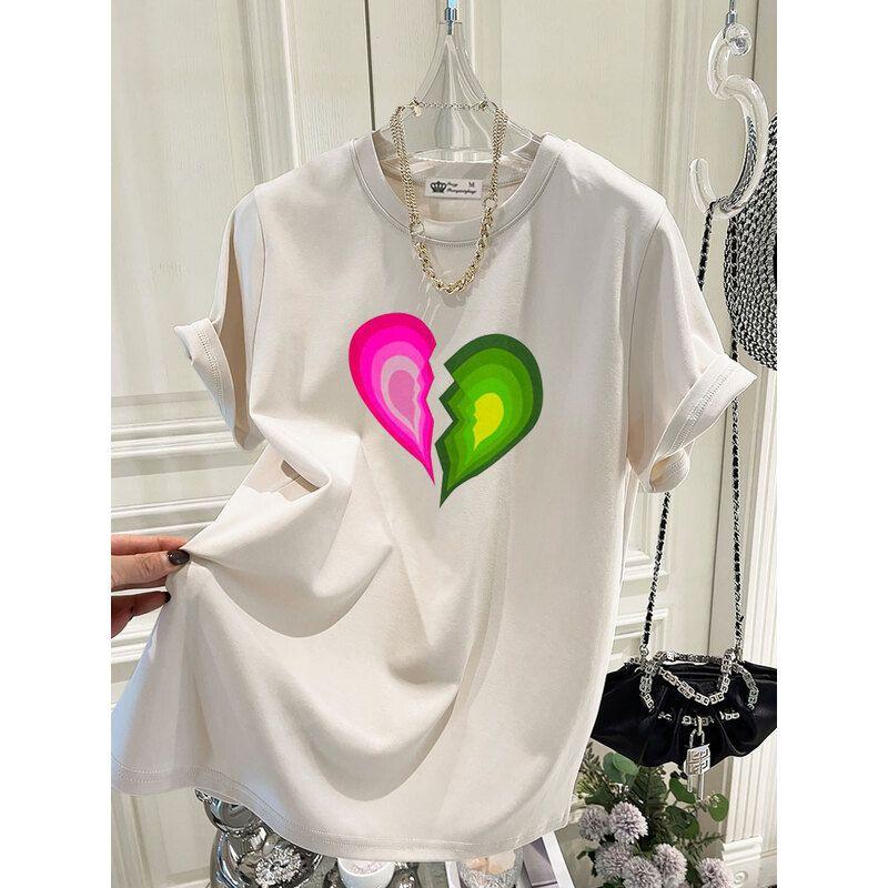 

2026 Summer Trend Oversized T-shirt Breathable Cotton Blend Colorful Broken Heart Chest Graphic Print Unisex Casual Tee S