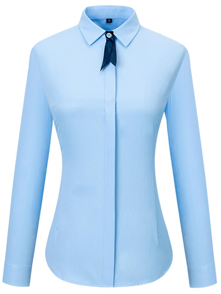 

Жіночі офісні жіночі сорочки з довгими рукавами без кишень і прихованих ґудзиків, з планкою, приталені, універсальні блузи 42 світло-синій колір