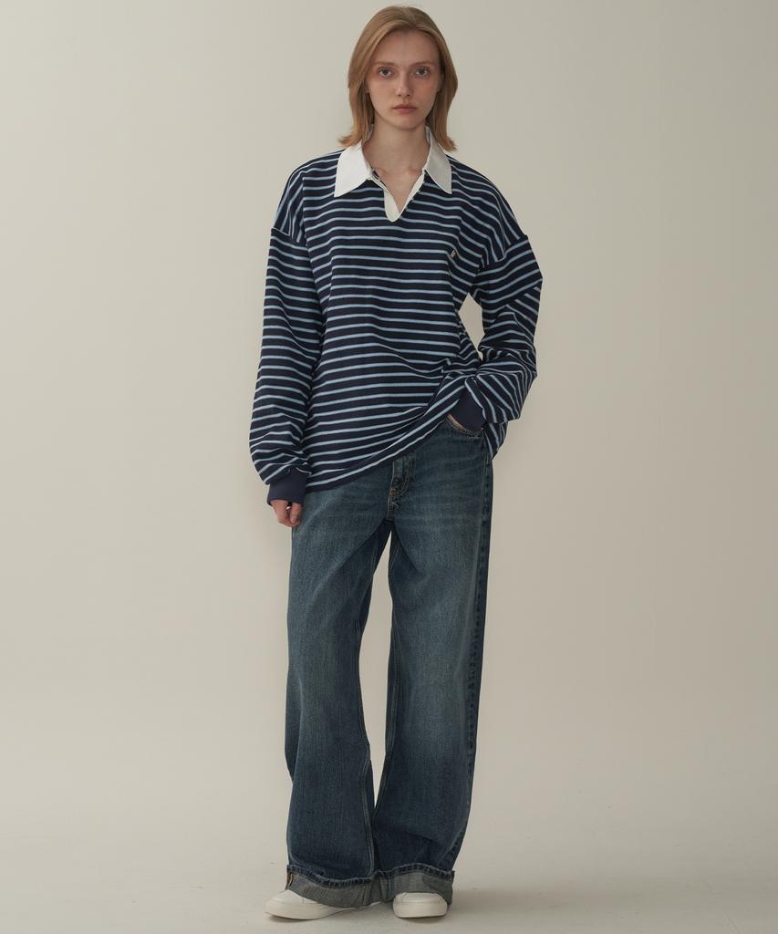 MOTT V-Neck Collared Striped T-Shirt - Navy