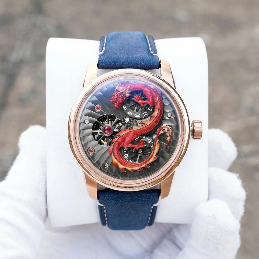 Rose Gold Stainless Steel case Mechanical 3D Red Dragon Watch for Men Automatic Wristwatches logo Brand Customized Supplier