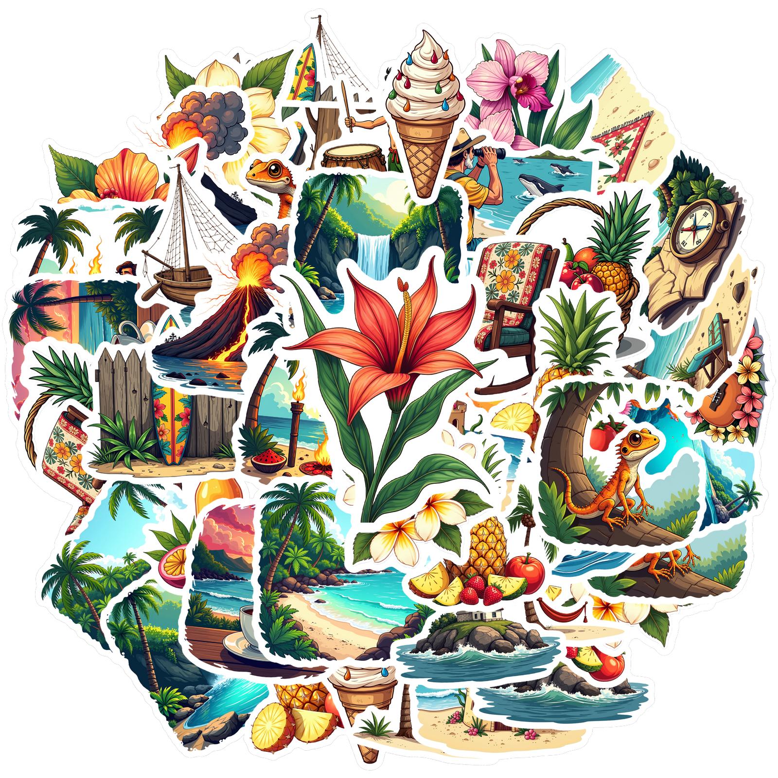 

35-70pcs Tropical Hawaiian Theme Stickers Aesthetic Decals Phone Notebook Suitcase Laptop Fridge Stationery Wall Sticker