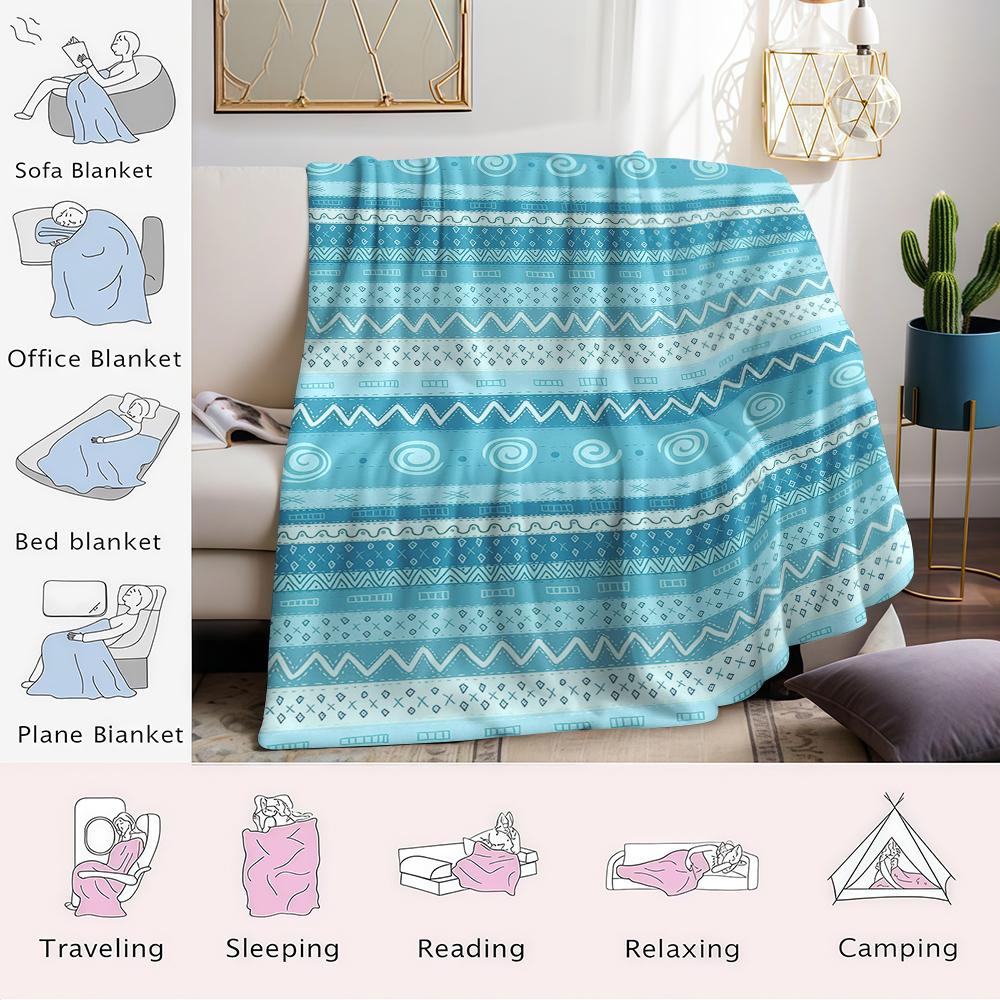 Blue Tribal Striped Patterns Flannel Blanket Warm Soft Halloween Christmas Couch Warm Cozy Decorative Decor Gift for All Season