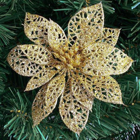 5Pcs Glitter Hollow Artificial Christmas Flower Ornament Xmas Tree Garland Decor