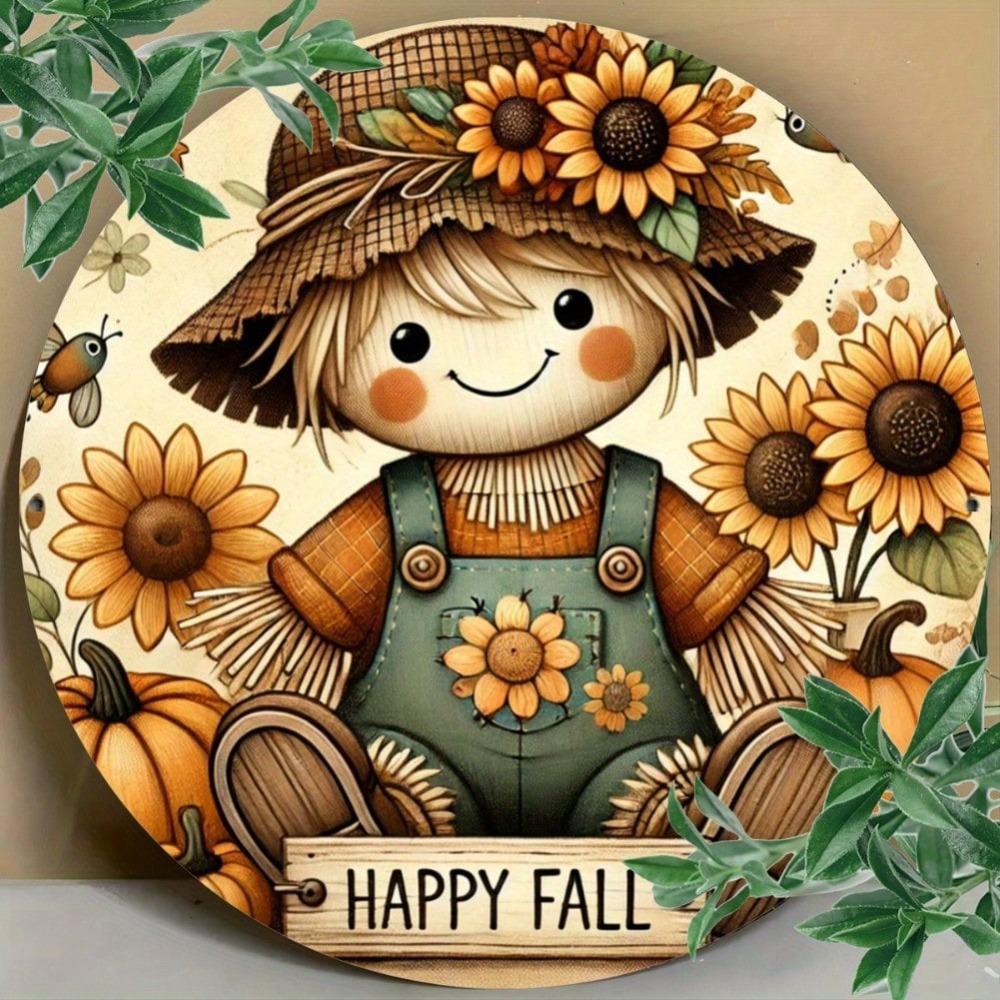 Metal Sunflower Scarecrow Round Wall Art 8x8 Inch Bar Cafe Home Decor Gift