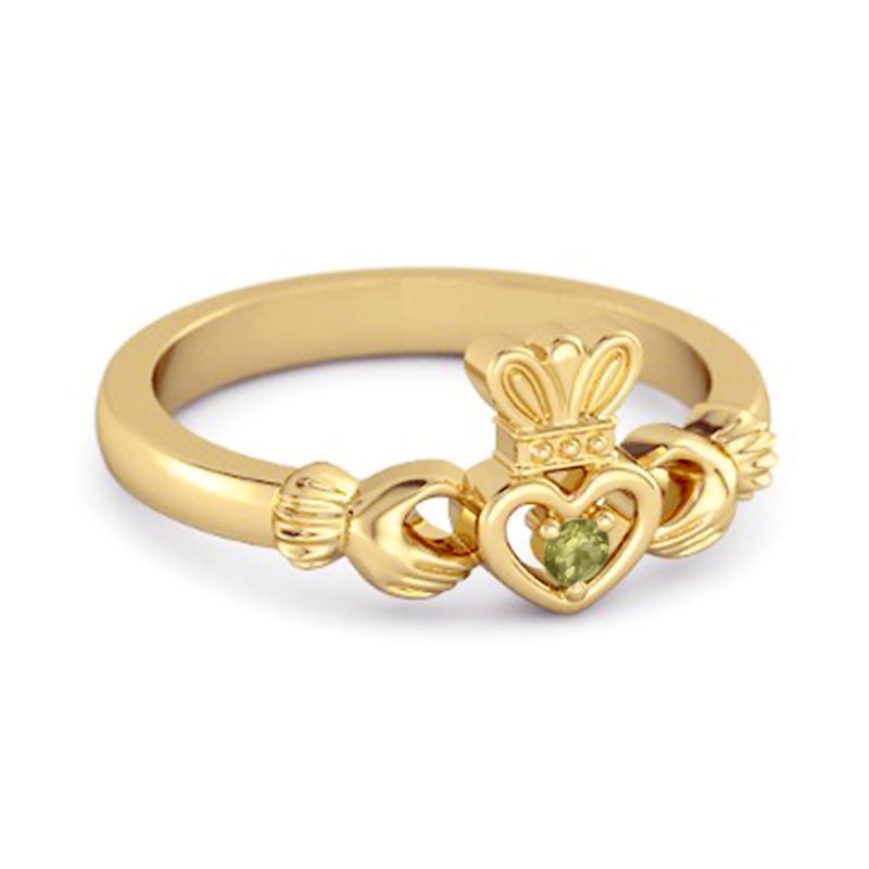 Peridot Claddagh Irish Heritage Symbol Ring - Sterling Silver Gold Vermeil