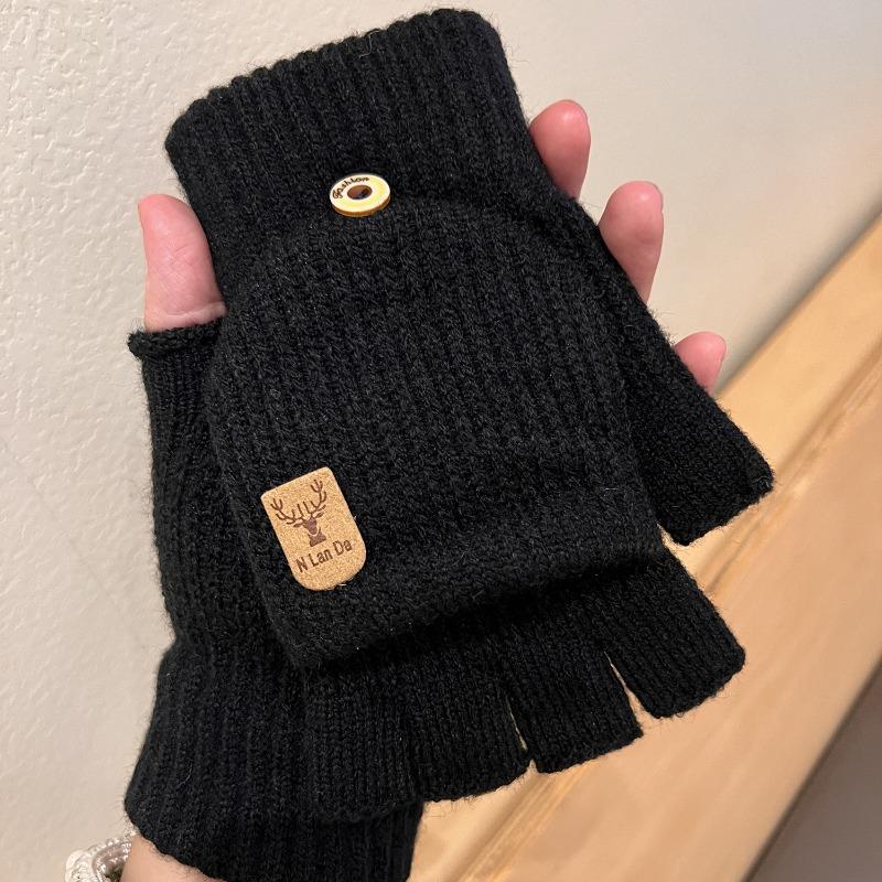 Open finger can be flipped half finger white plush gloves female autumn and winter thickened warm student writing riding