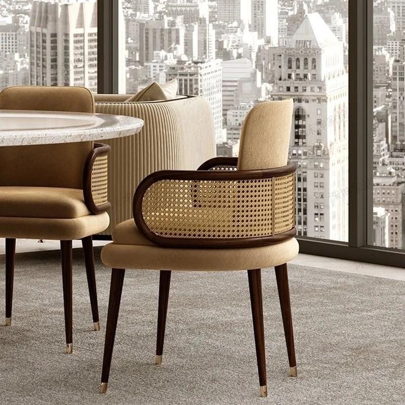 Nordic Solid Wood Armchair Rattan Living Room Chairs Home Furniture Designer Hotel Dining Chair Model Room Negotiation Chair