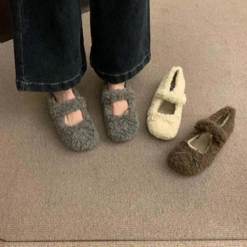 Fashion Elegant Autumn Winter Ballet Loafer Flat Shoes Women Female  Flats Loafers Fur Round Toe Ladies Brand Design Teddy Outdoor Shoes