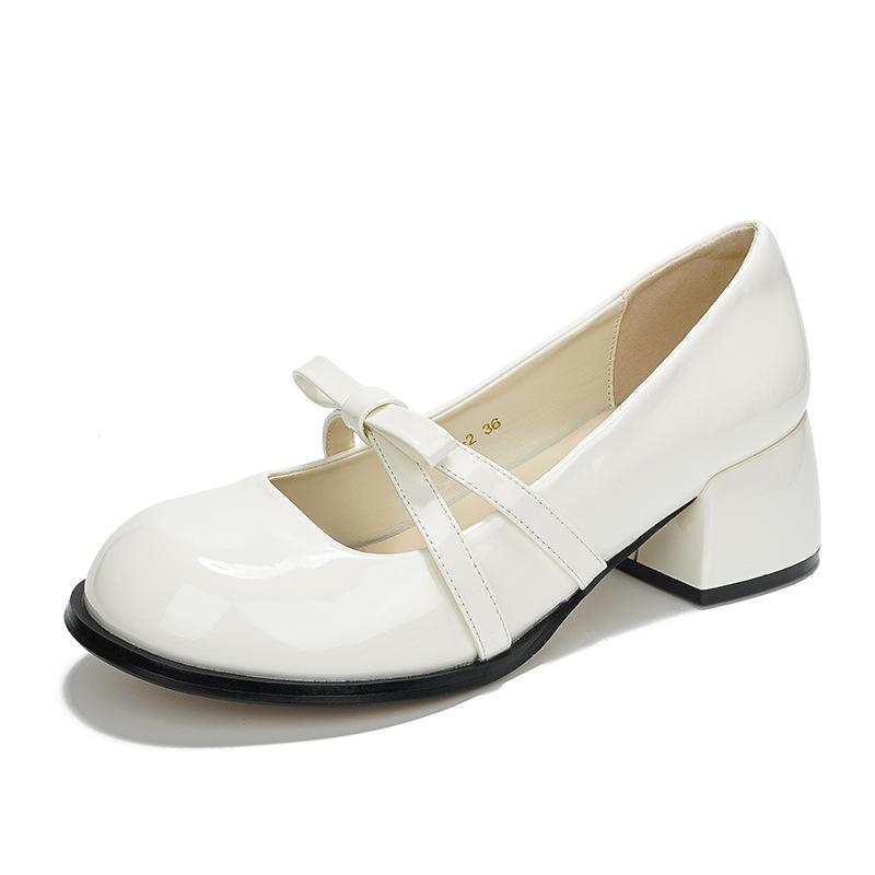 

Лакированные туфли Мэри Джейн на толстом каблуке с бантом, на низком каблуке, кожаные туфли, универсальные, с французским темпераментом, с круглым носком, женские туфли 40 белый
