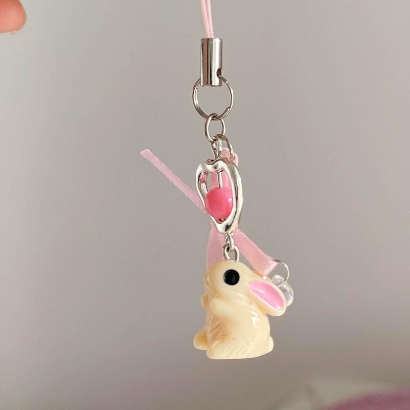 Rabbit Ribbon Phone Charm Keychain Elegant Bowknot Flower Pendant Keyring Romantics Keyring Gift for Women Girl Teen