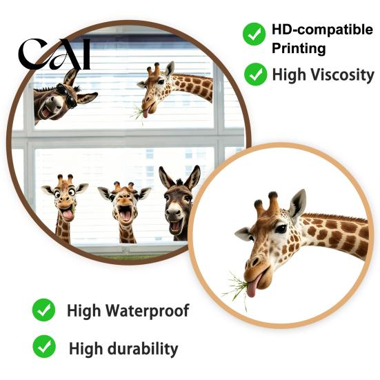 Easy Apply Window Art for Kids Funny Giraffe Donkey Static Cling, Removable Farm Animal Glass Reusable Decals Holidays Decal Kitchen Guest Room,