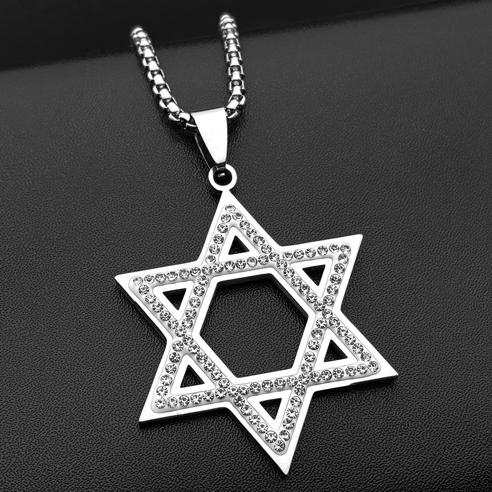 Israel Hexagram Je Magen David Stainless Steel Pendant Necklace for Women Men Star of David Rhinestones Chain Jewelry