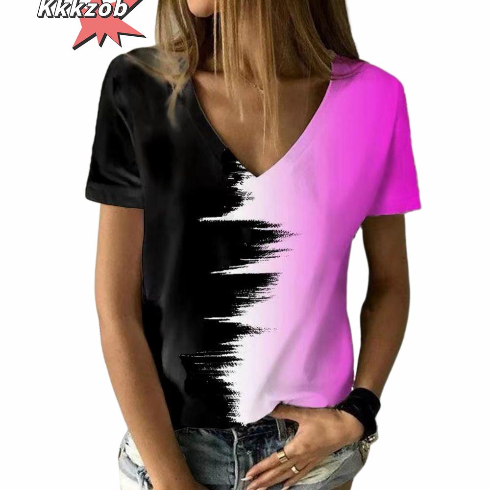 Women's T-Shirt Solid Color Gradient 3D Printing V-Neck Women's Tops Summer Women's Casual Fashion Loose Hundred Short-Sleeved