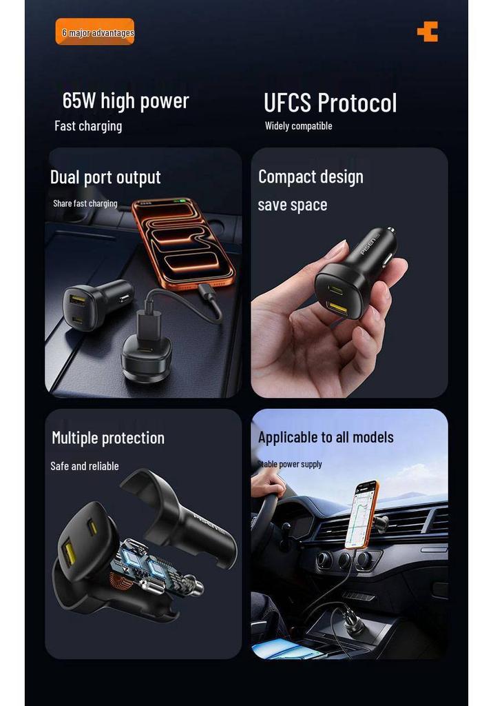 PISEN 65W Dual-Port Fast Car Charger Compatible with Huawei & Apple