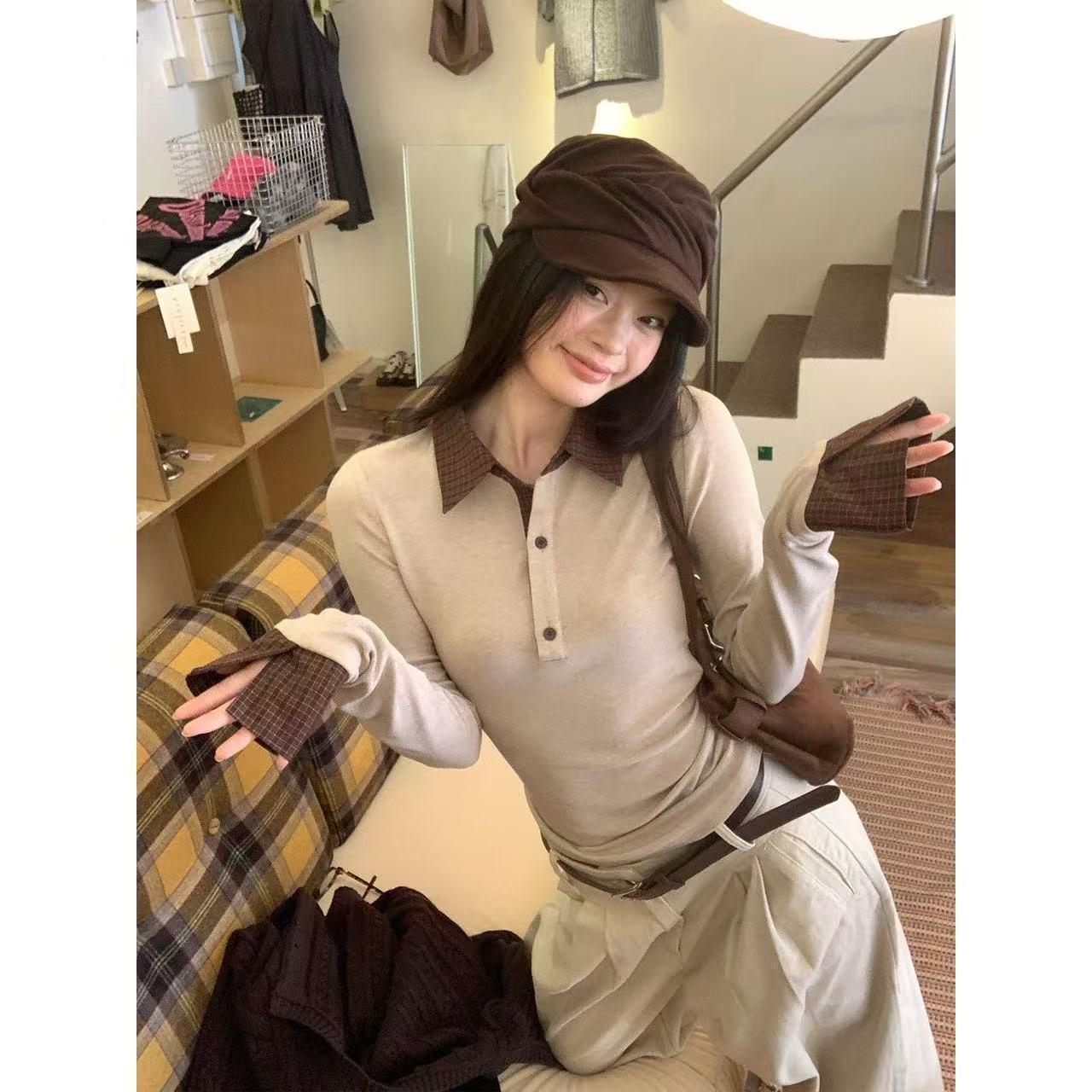 Women s Plaid Patchwork Long-Sleeve Polo: Autumn/Winter Slimming Korean Layering Top Medium