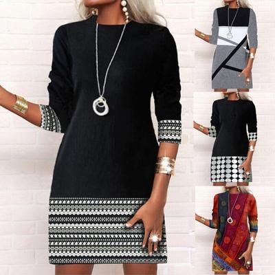 Autumn Winter Women's Fashion Splice Round Neck Slim Fit Long Sleeve Printed A Line Dress Plus Size Elegant Dress