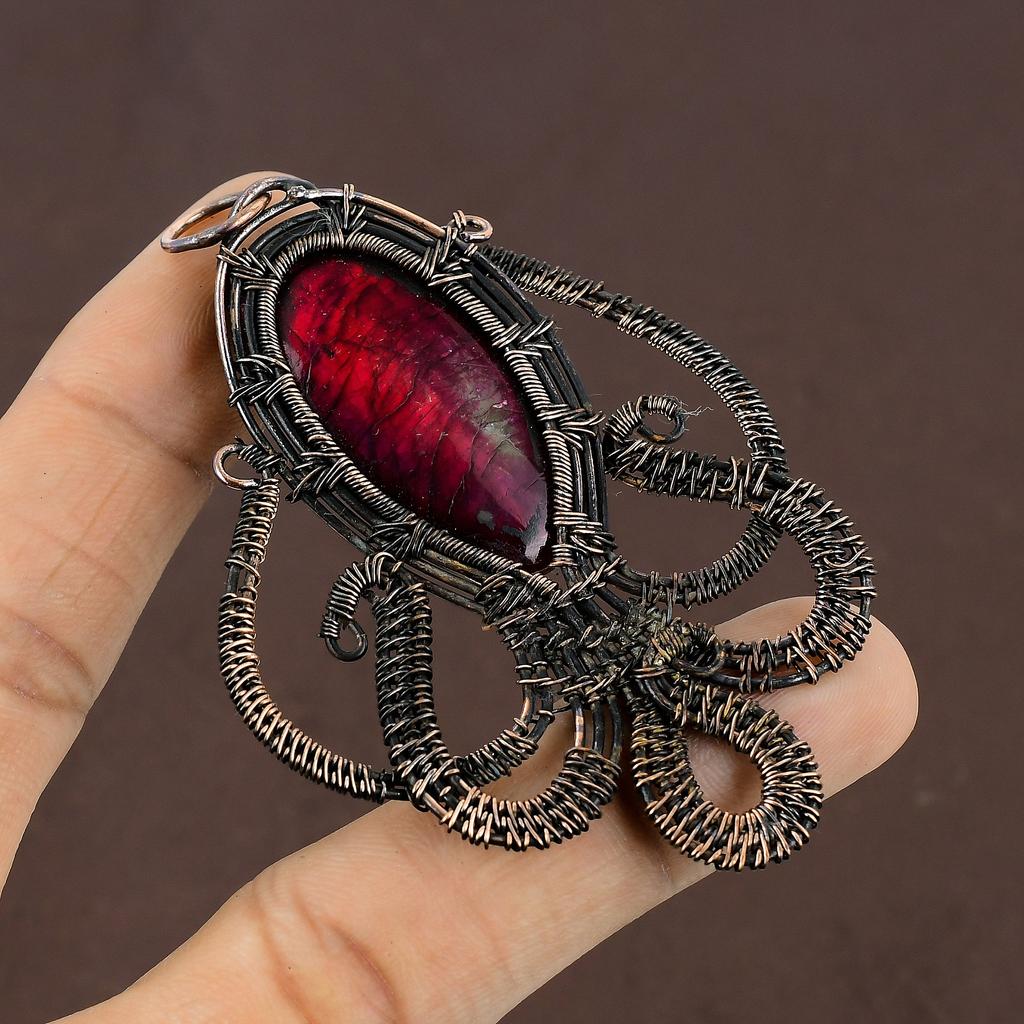 Natural Octopus Red Labradorite Handmade Copper Wire Wrap Pendant 3.27" w2R27