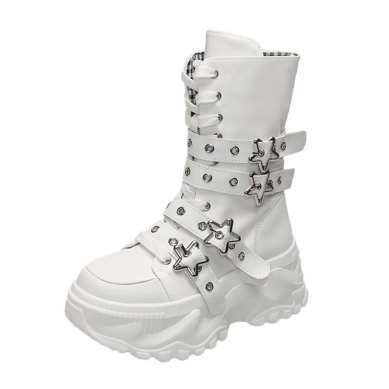 Wind locomotive boots thick-soled round head belt buckle solid color women's Martin boots