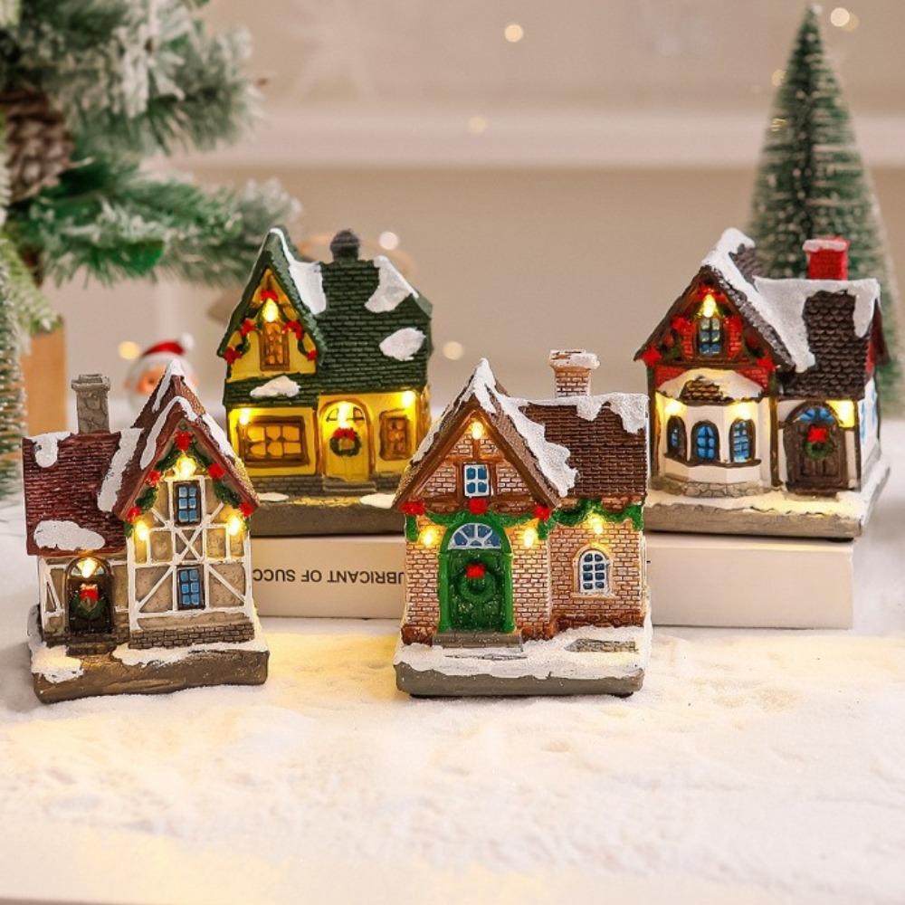LED Resin Christmas House Snow Village Miniature Light-Up Decor Xmas Glow Gift New  Decoration Christmas Thanksgiving Gifts