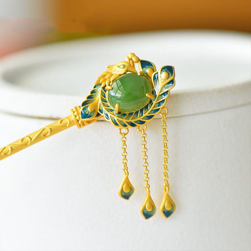 

Ретро эмалированная зеленая тиара с кисточкой павлина, старинные золотые изделия, заколка для волос из натурального нефрита Хотан, ювелирные украшения для волос высокого уровня, аксессуары для волос Hanfu