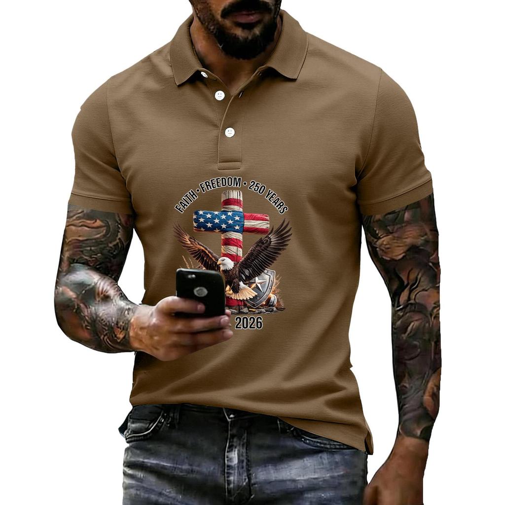 Men's Loose Fit Casual Short Sleeve Polo Shirt with Patriotic Graphic Print 250 Years Commemoration 1776-2026 Cotton Blend Comfortable Design