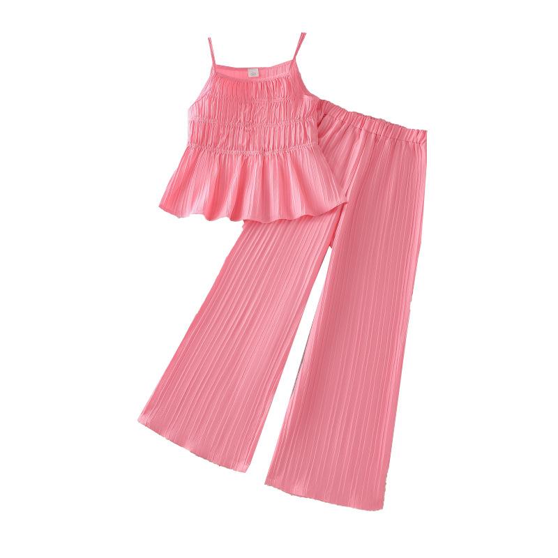 Dívčí módní set 2025 léto dětský jednobarevný ležérní top na ramínka rovné kalhoty set