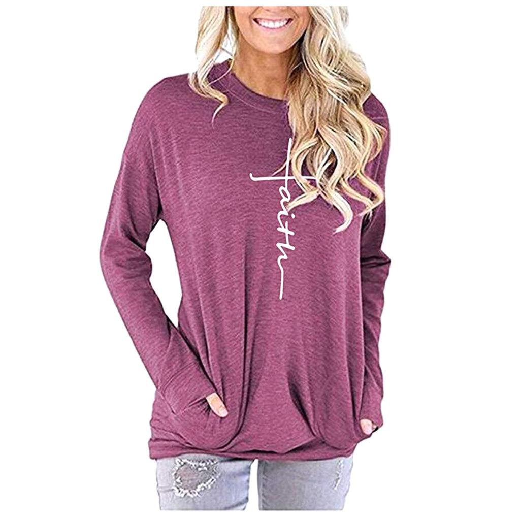 Women's Fashion Casual Round Neck Printed Loose Undershirt Long Sleeve Blouse