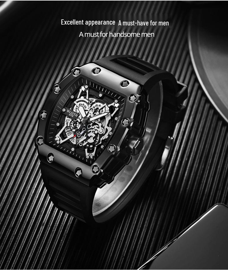 Swiss Brand Men's Sporty Mechanical Watch - Hollowed Large Dial, Luminous, Ideal for Students.
