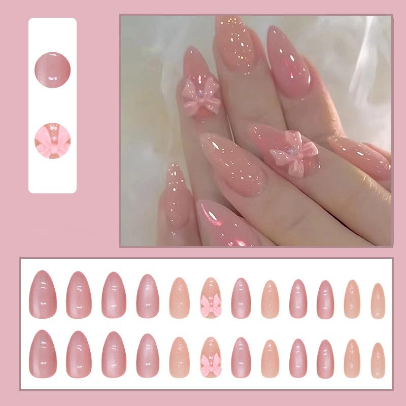 24pcs Wearable Bow Design Press on Nails Simple Pearl Starlight Short Almond False Nails Tips Finished Cat's Eye Fake Nail Sets