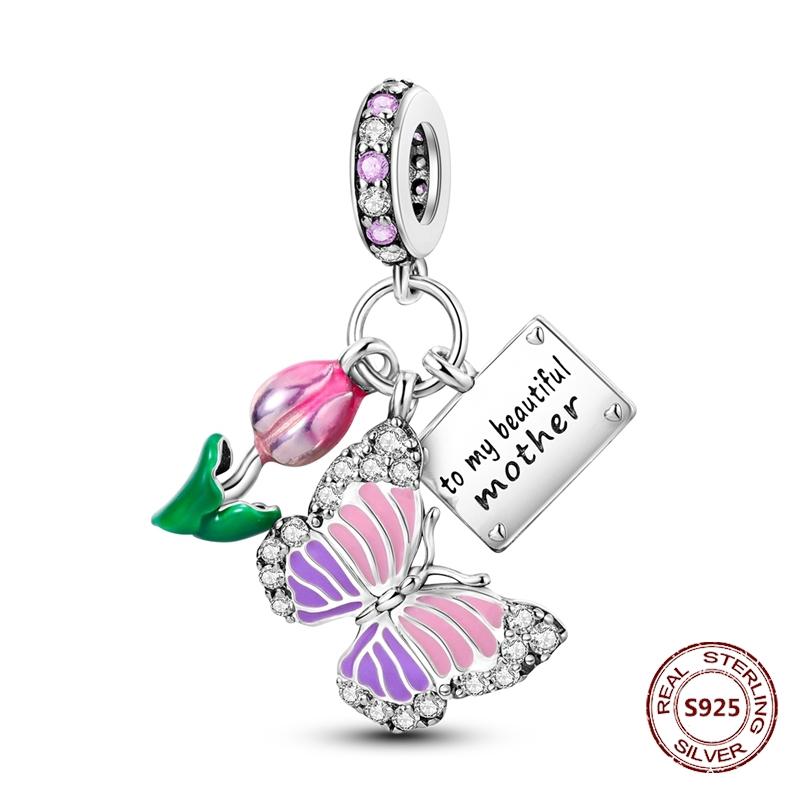 Butterfly Charm copper Authentic Pink Blue Zircon Fly Butterflies Safety Chain Clip Charm Bead Charms Compatible With Bracelets Do It Yourself Jewelle