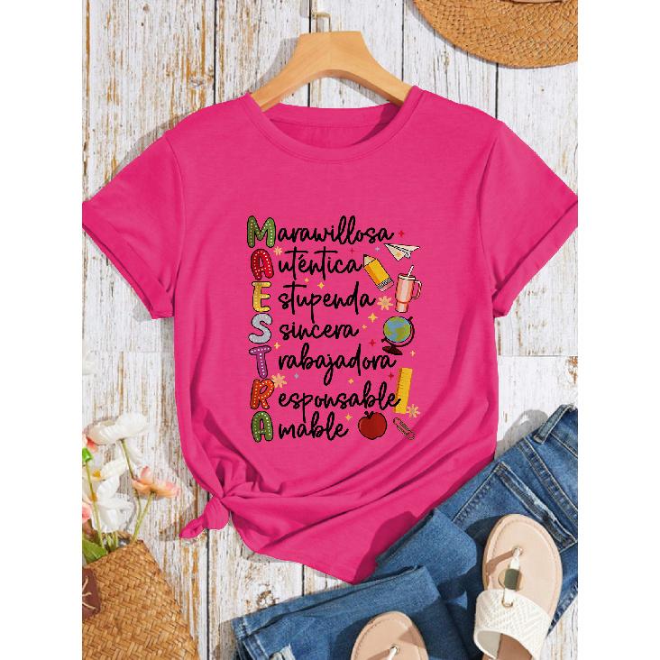 Minimalist and Unique Summer Women's Fashion New Arrivals Maestra Teacher's fun word print top, round neck, everyday casual fashion, vintage