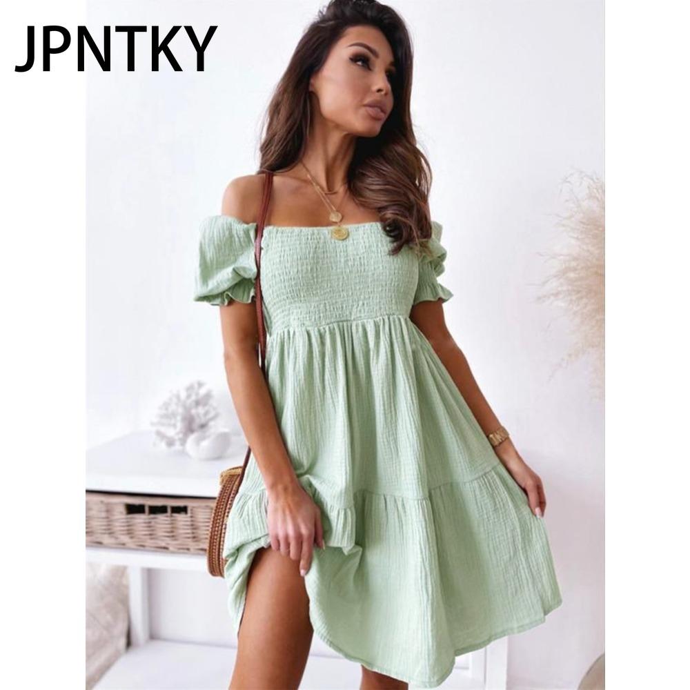 JPNTKY Sexy Slit Neck Dress Women Summer Pleated Puff Sleeve Open Back Party Beach Dresses Female Elegant Solid Knee Length Dress