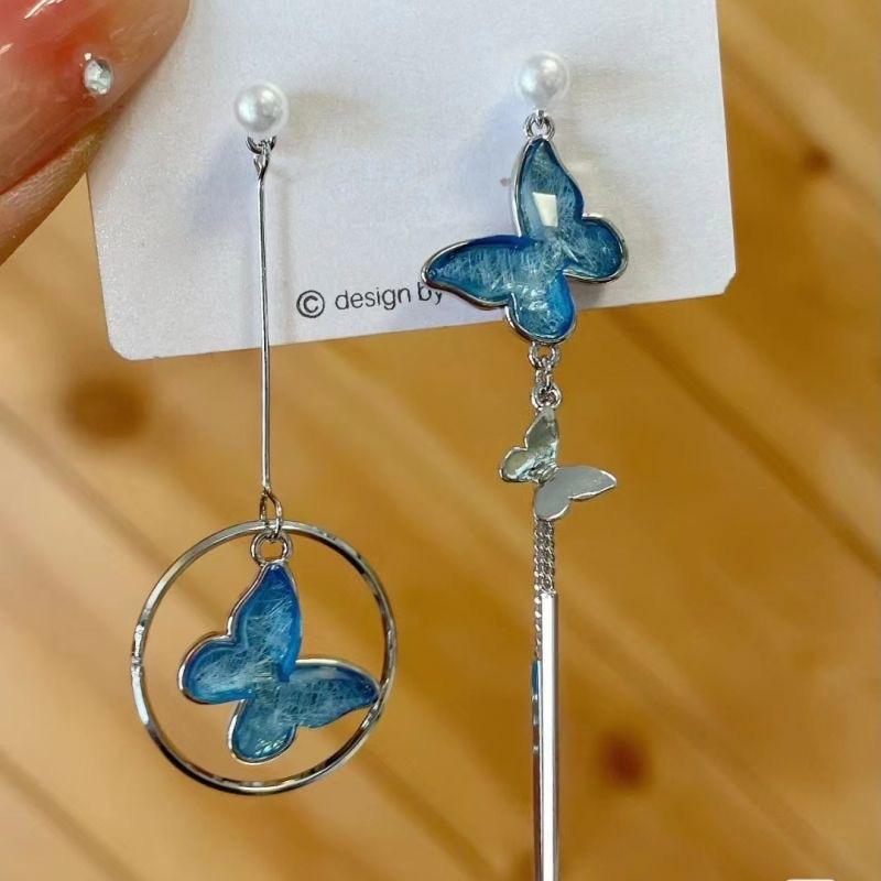 New Blue Crystal Butterfly Long Tassel Earrings for Women Fashionable Individuality Daily Accessory Party Jewelry Birthday Gifts