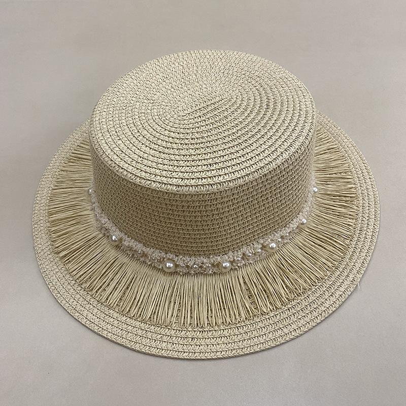 Tassel Pearl Flat Top Straw Hat Women'S Summer British Top Hat Travel Casual Sun Hat Outdoor Sun Protection Hat