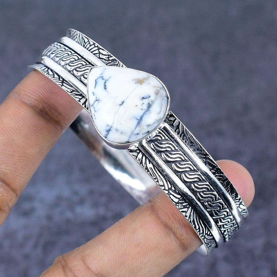 Natural Dendrite Opal Gemstone 925 Sterling Silver Cuff Bangle 7.5" z9W68