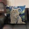 Van Gogh Starry Night Cat Cushion Cover Natural Linen Organic Fabric Double-Sided Printing Sofa Home Decor Gift Pillow Case