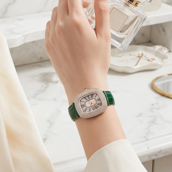 Women Vintage Petite Bracelet Dainty Watch Small Square Analog Quartz Watch Luxury Ladies Adjustable Leather Strap Rhinestones Wristwatch for Women
