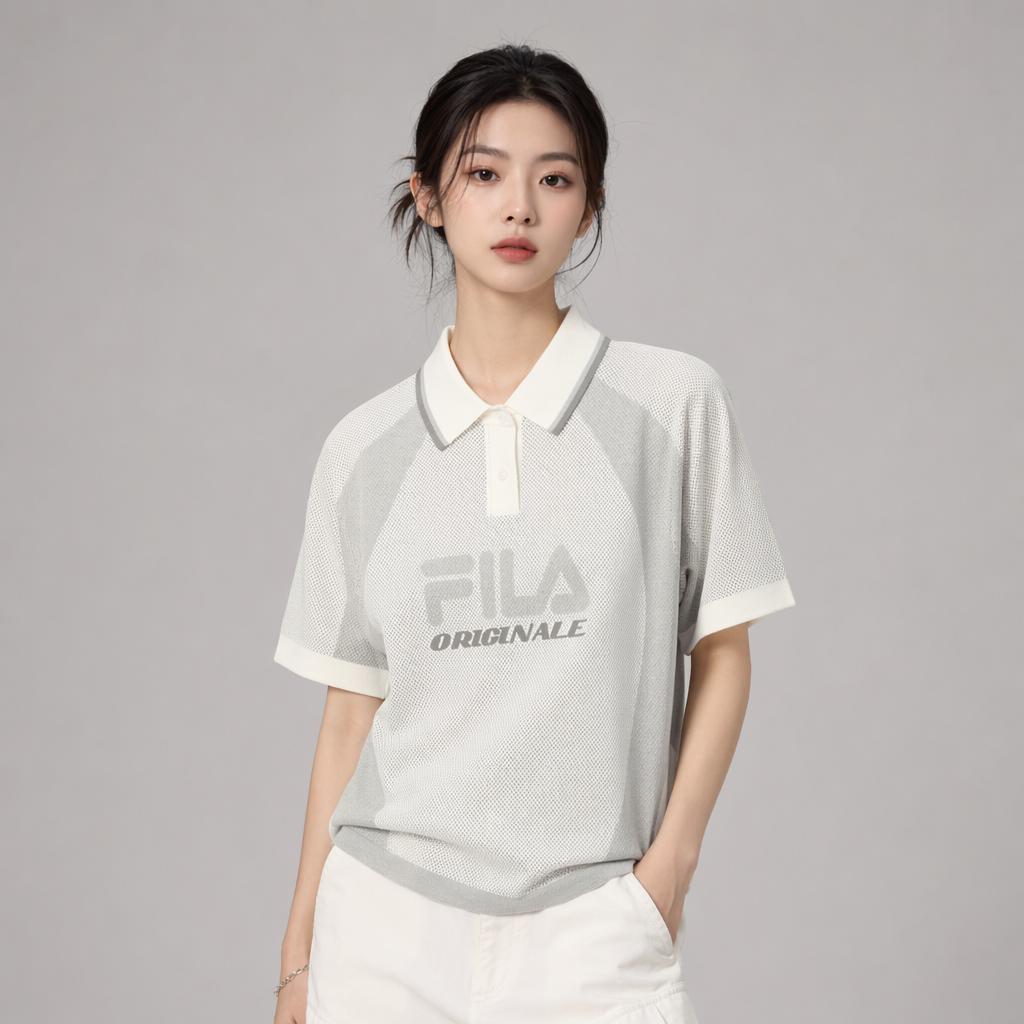 Fila Original Fashion Trend Retro Mesh Knit Top Women Tops Cloud-Mushroom-White F11W629403FWT