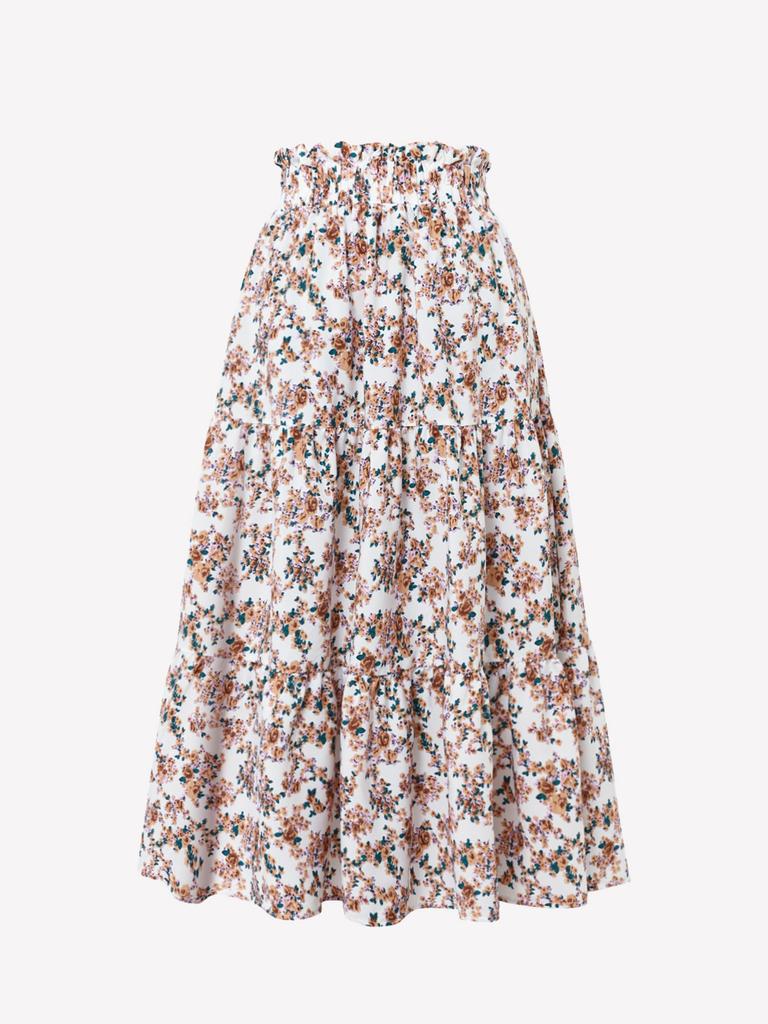 Women Floral Skirts Solid Color Long Skirt A-line High Waisted Long Skirt Pleated Skirt
