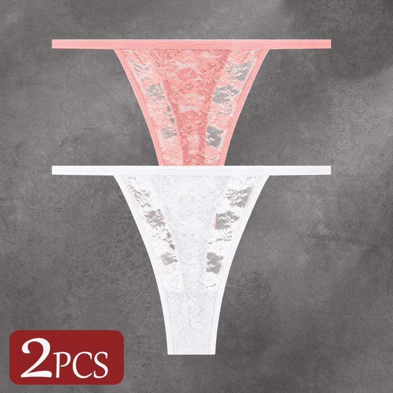 

FINETOO 2Pcs/Set Women s Panties Lace Perspective Underpants Sexy Breathable Hollow Out G-string Thong Female Low Waist Sexy Lingerie XL