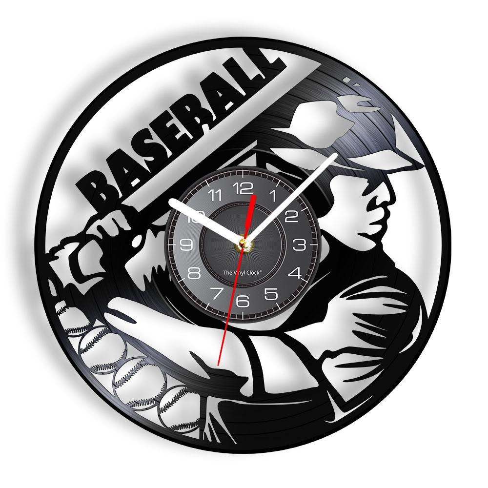 Baseball Player Silhouette Wall Art Clock Softball Vintage Vinyl Record Wall Clock Softball Club Sports Room Decor Baseball Gift
