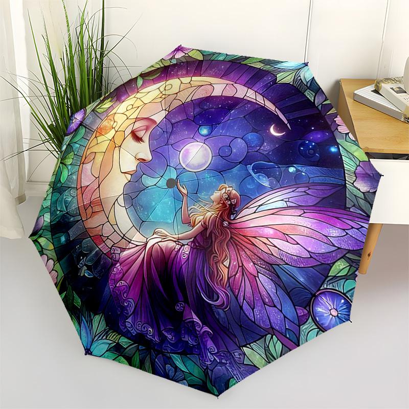1pc Stained Glass Fairy Moon Auto Open Close Umbrella - Portable Folding Design with 8-Bone Iron Frame, Outdoor, Gift for Fans, Travelers, Daily Use.K