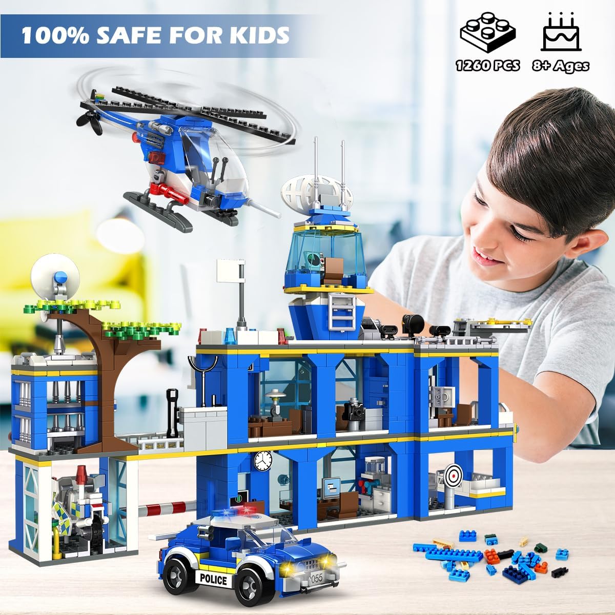 HOGOKIDS City Police Station Building Set - 1260 PCS Police Building Block Toys with Helicopter Motorcycle Police Vehicle Bandit Car, STEM Police