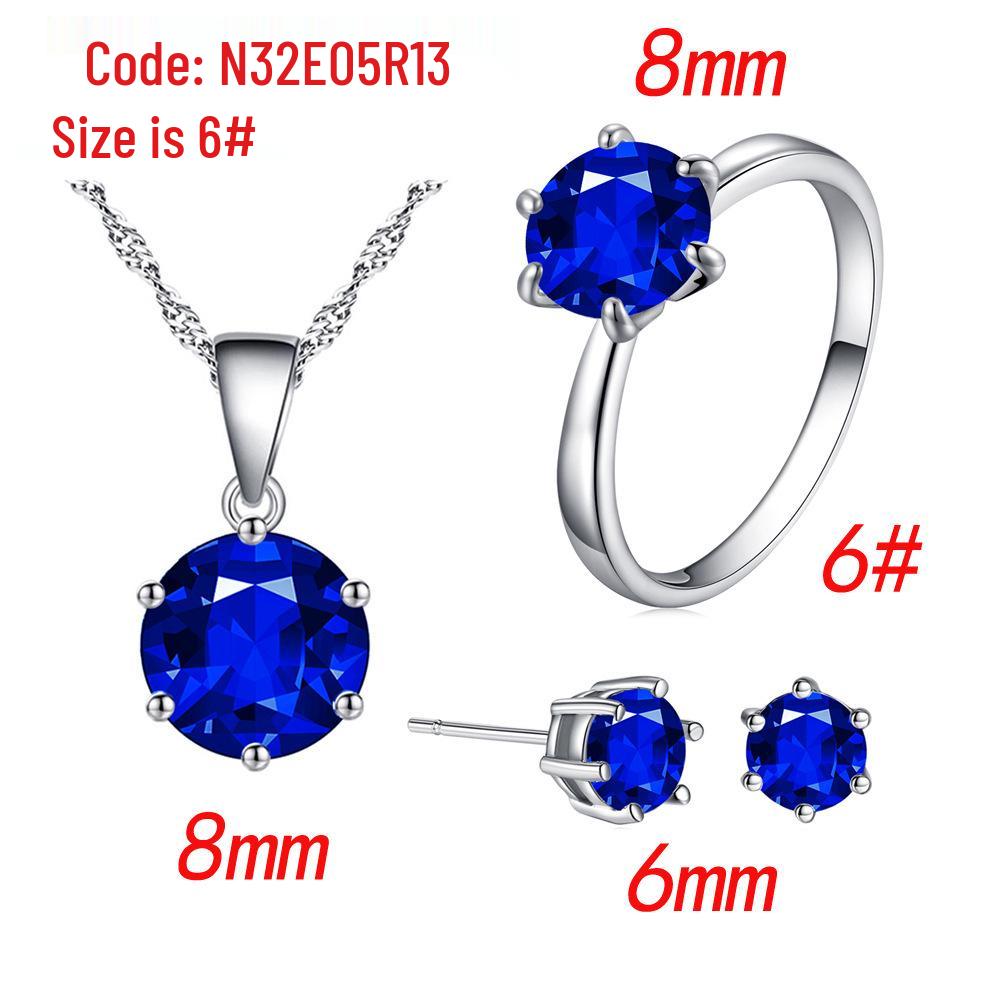 Korean Style Bridal Jewelry Set: Six-Prong Colored Zircon Necklace, Stud Earrings & Ring