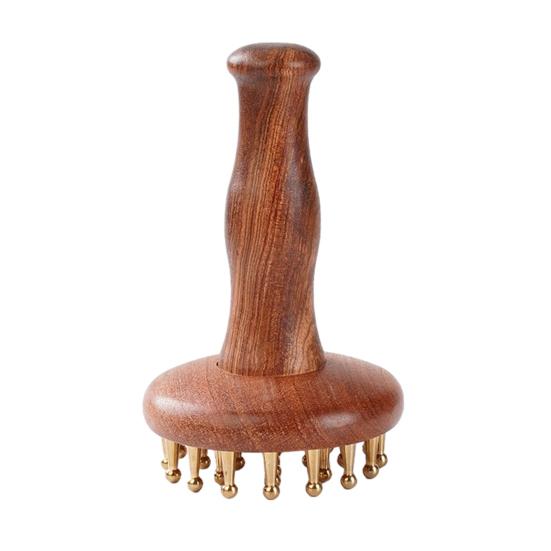 Copper Massage Brush, Gua Sha Comb with Wood Handle And Brass Balls, Brass Massage Tool, Facial Massager for Face, Jawline, Scalp, Eye Care, Body
