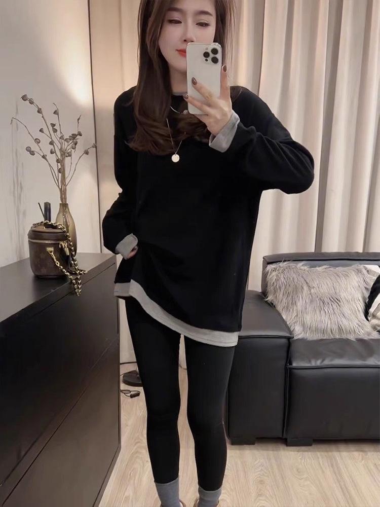 2026 Spring/Fall Faux Two-Piece Long Sleeve Women's Thick Mid-Length Loose T-shirt