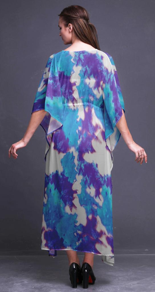 Bimba Purplish Blue Ombre Tie-Dye Ladies Kaftan Holiday Loungewear Maxi Dress Beach