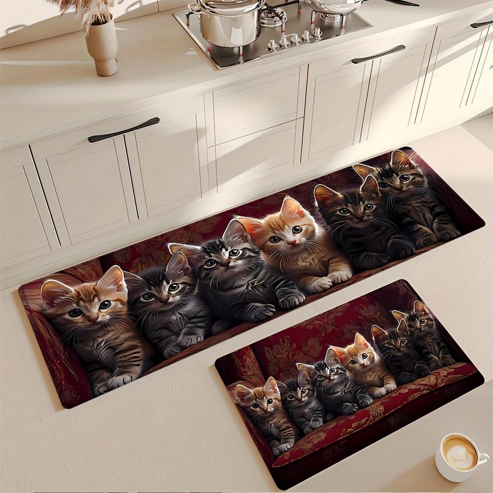 Non-Slip Waterproof Kitchen Mat with Kitten Print - Thick Cushioned Anti-Fatigue Comfort, Heavy Duty, 60cm X 180cm